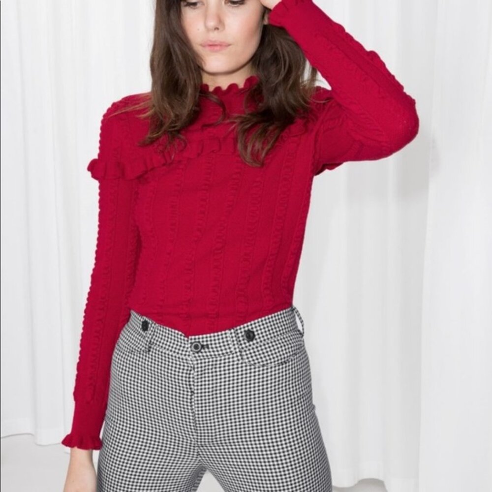 & Other Stories Red Sweater with Ruffle Detail, Mock Neck - Picture 2 of 10